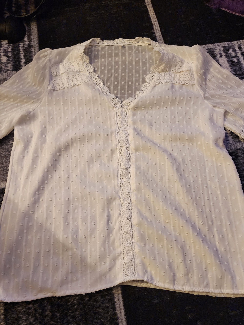 Cream Swiss Dot Lace-Trim Blouse
